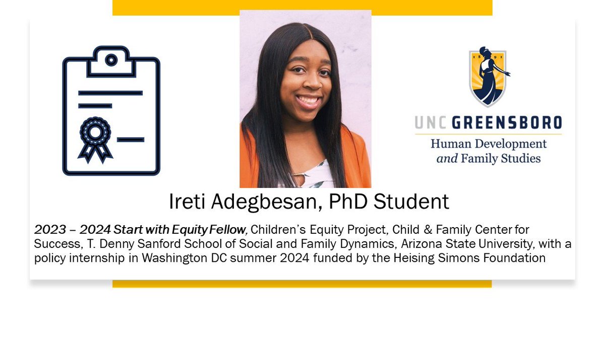 UNCG_HDFS's tweet photo. HDFS PhD student Ireti Adegbesan was selected as a 2023-24 Start with Equity Fellow for the Children's Equity Project within the Child &amp; Family Center for Success in the T. Denny Sanford School of Social and Family Dynamics at Arizona State University! 

https://t.co/pJkk4O2P1e https://t.co/aYkJjKELYe