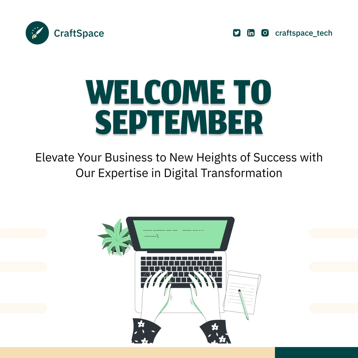 craftspace_tech's tweet photo. Happy new month from Craftspace.
Our team wishes you a successful month.
@craftspace.tech we help bring your amazing business ideas into reality.
#newmonth #newmonthnewgoals #newheights #digitalbusiness #craftspace #onlinebusiness #nolimits #ecommerce #scaleyourbusiness https://t.co/94Q04UwD8L