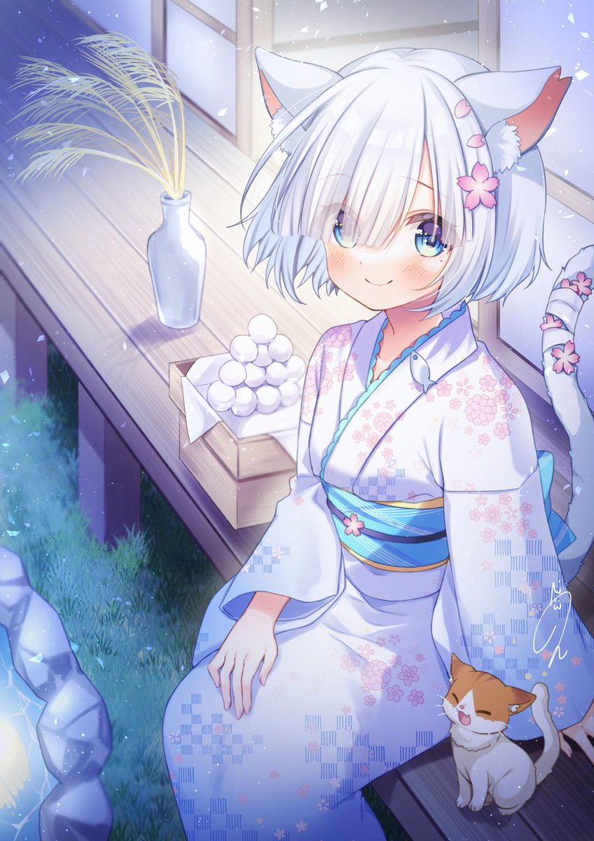1girl kimono animal ears japanese clothes smile tail blue eyes  illustration images