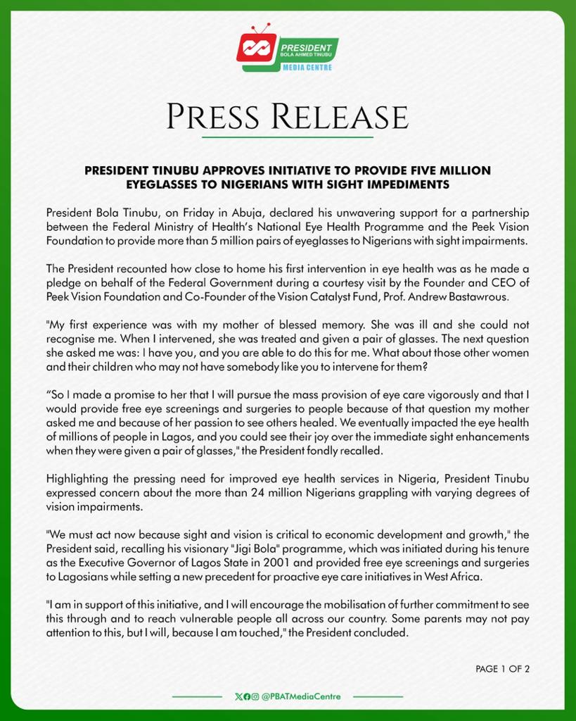 RajiDraj's tweet image. President @officialABAT approves initiative to provide Five Million Eye Glasses to Nigerians with sight impediments. #VillaToday