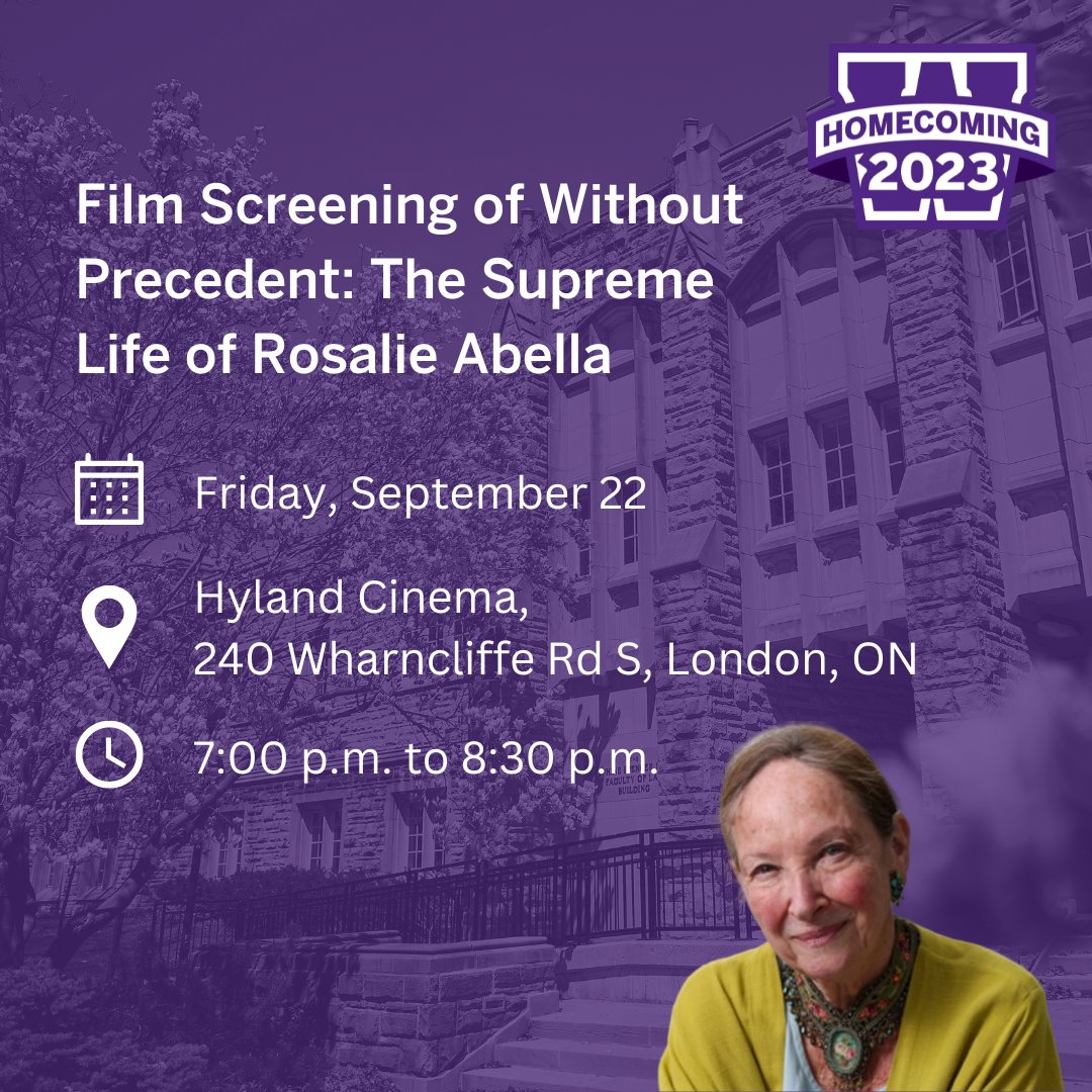It's almost #WesternHOCO! Join us on September 21 for an Alumni Reception and Reunion in Toronto, and on September 22 for exclusive film screening of Without Precedent: The Supreme Life of Rosalie Abella in London. Reserve your tickets by September 18. buff.ly/3Z1Ewpz