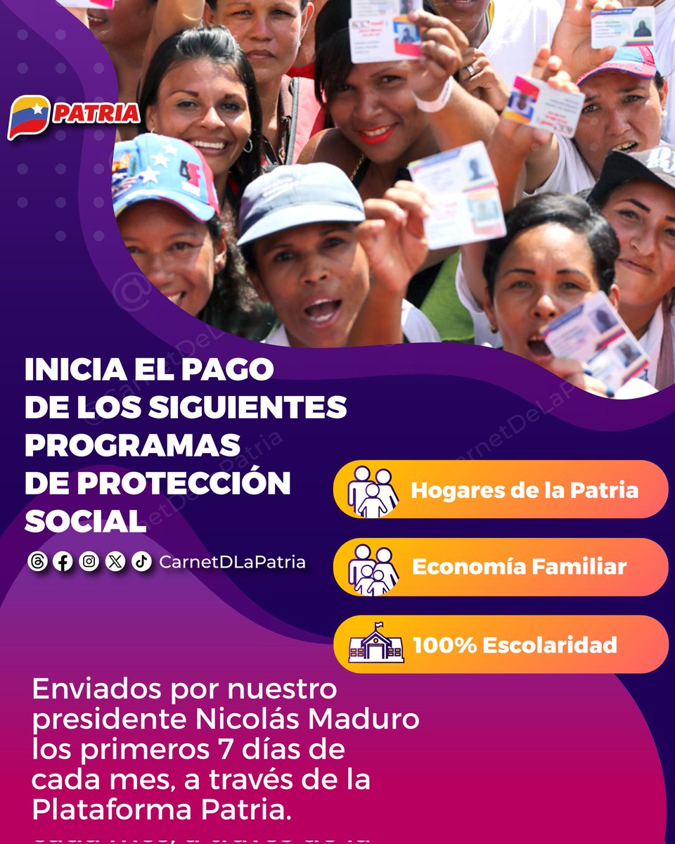 #ATENCIÓN El #SistemaPatria informa que, inicia el pago de los siguientes programas especiales: 
✓Hogares de la Patria
✓Economía Familiar
✓100% Escolaridad
Enviado por nuestro Pdte. <a href="/NicolasMaduro/">Nicolás Maduro</a>, a través de la #PlataformaPatria.

#VenezuelaPotenciaAgraria #1Sep