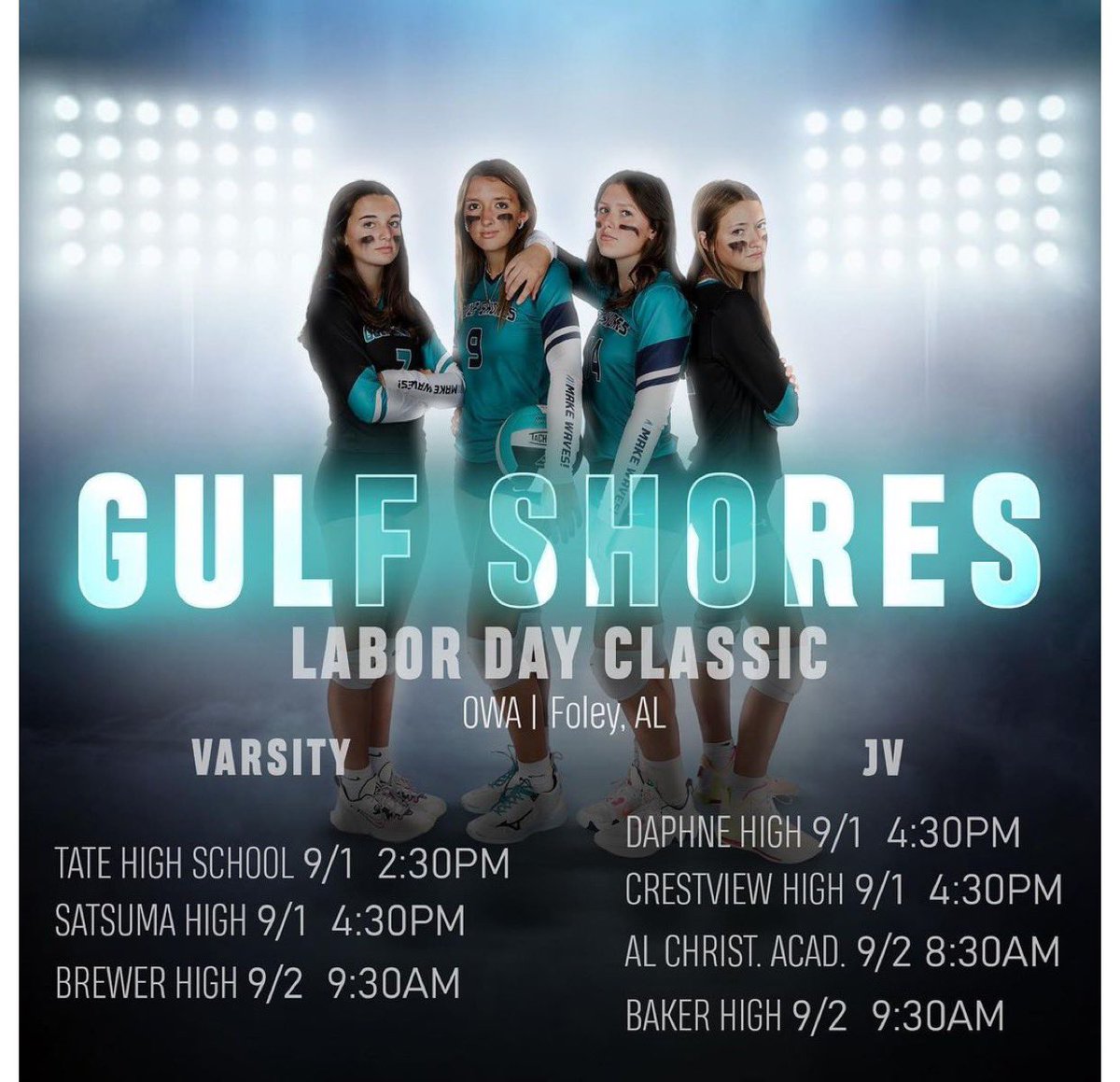 GulfShoresBOE's tweet photo. Repost from @gshs__vball
•
It’s Tournament time! 😤
Come out and support Gulf Shores Volleyball in the Labor Day Classic today! Go Dolphins!
#GSVB #FearTheFin #MakeWaves #RIPCurrent https://t.co/ylwsd9UUQa