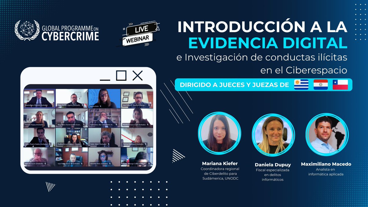 UNODC_Cyber's tweet photo. 🌐@UN__Cyber realizó el webinar "Evidencia Digital e Investigación de Conductas Ilícitas en el Ciberespacio" donde participarón Juezas y Jueces de 🇺🇾🇵🇾🇨🇱 .
¡Juntos por un ciberespacio seguro!

🇺🇸🤝🇺🇳 https://t.co/llhjsCDYAw