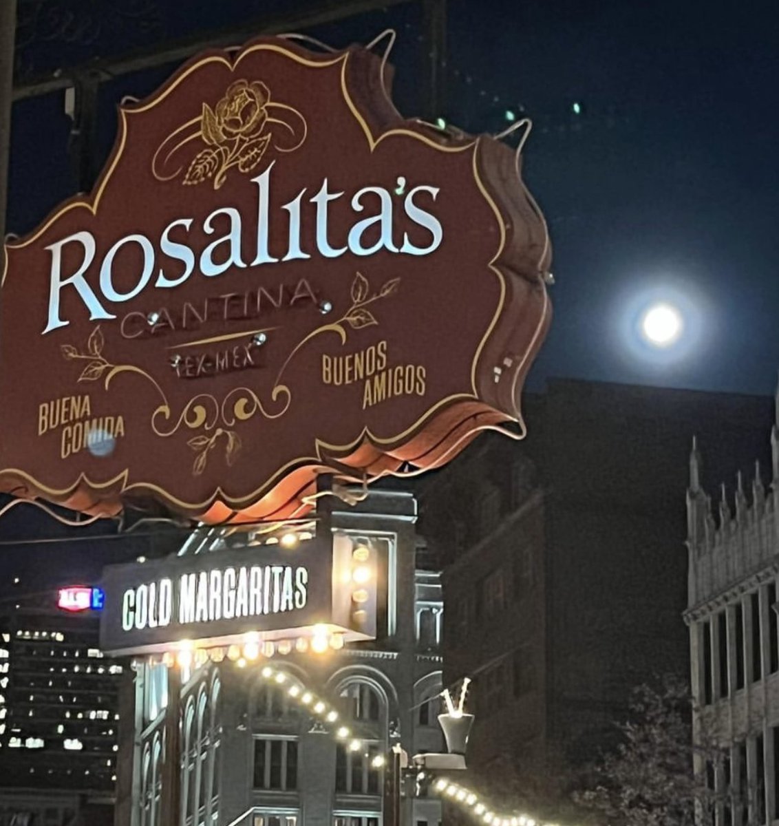 Thank you to @mysterbluofficial for capturing this beautiful blue moon backdrop to Rosalita’s sign! 🌕