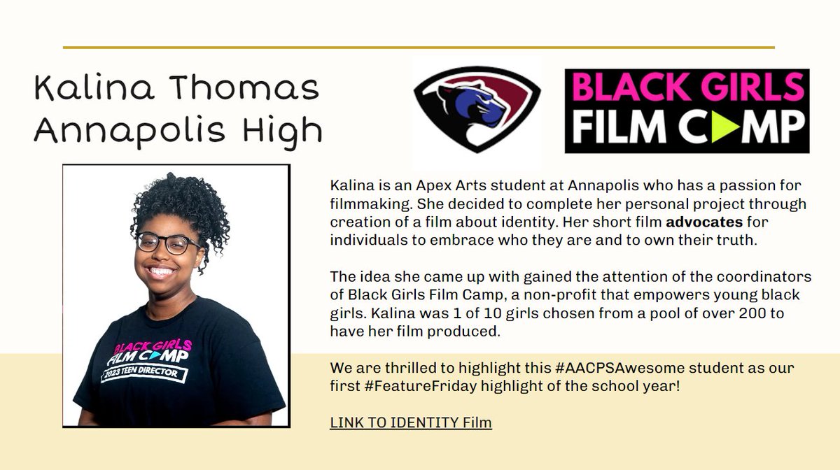 How's this to kick off our #FeatureFriday? Kalina Thomas, an Apex Arts student <a href="/AnnapHS_AACPS/">Annapolis High School</a> has a passion for filmmaking. Her short film advocates for individuals to embrace who they are and to own their truth. #Serve23  youtube.com/watch?v=uw1Dun…