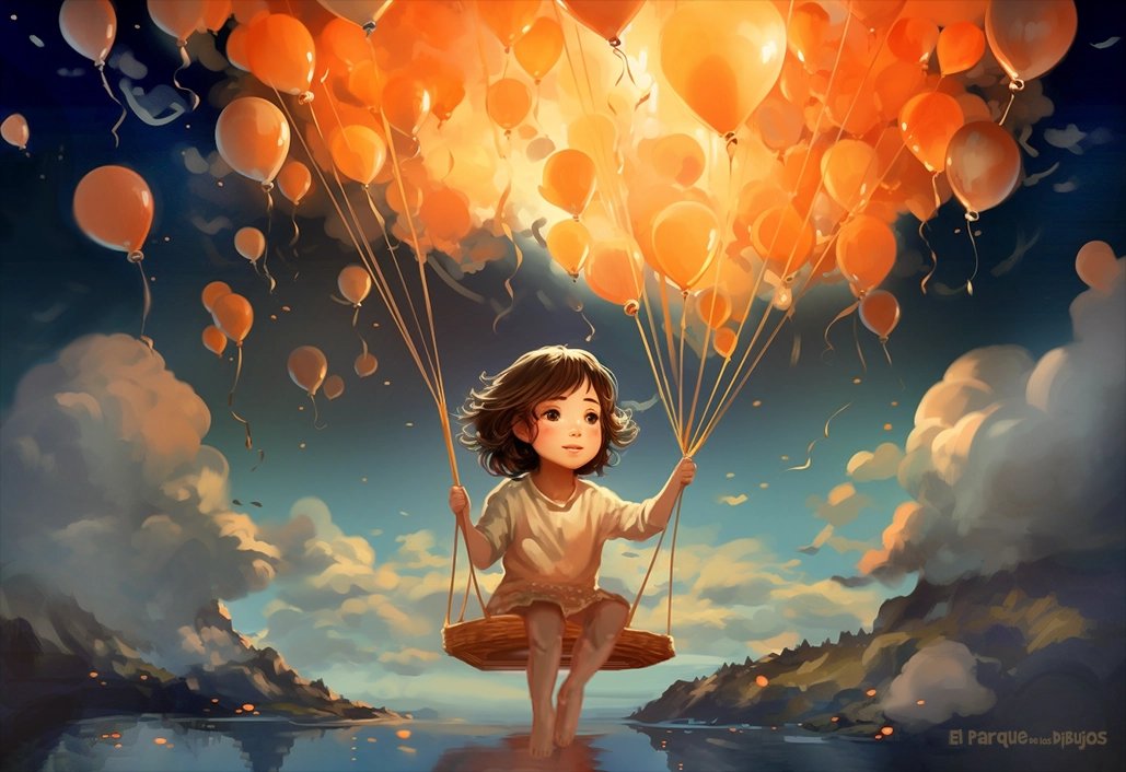 Ilustraciones infantiles, "María en el columpio de globos": bit.ly/maria-sentada-…