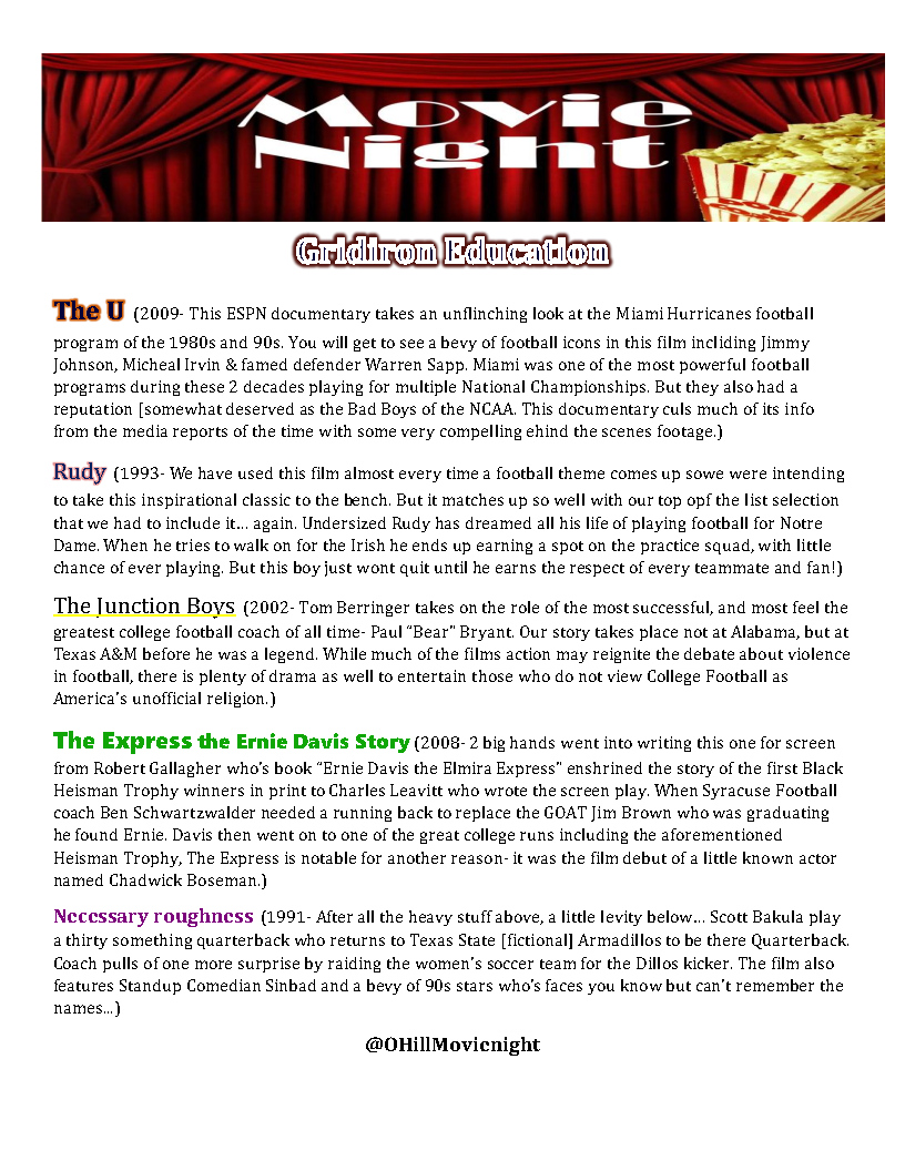 And that brings us to your #OHillMovienight #MovieNominations for this week's #MovienightTheme #GridIronEducation #NecessaryRoughness #TheExpresstheErnieDavisStory #TheJunctionBoys #Rudy #TheU