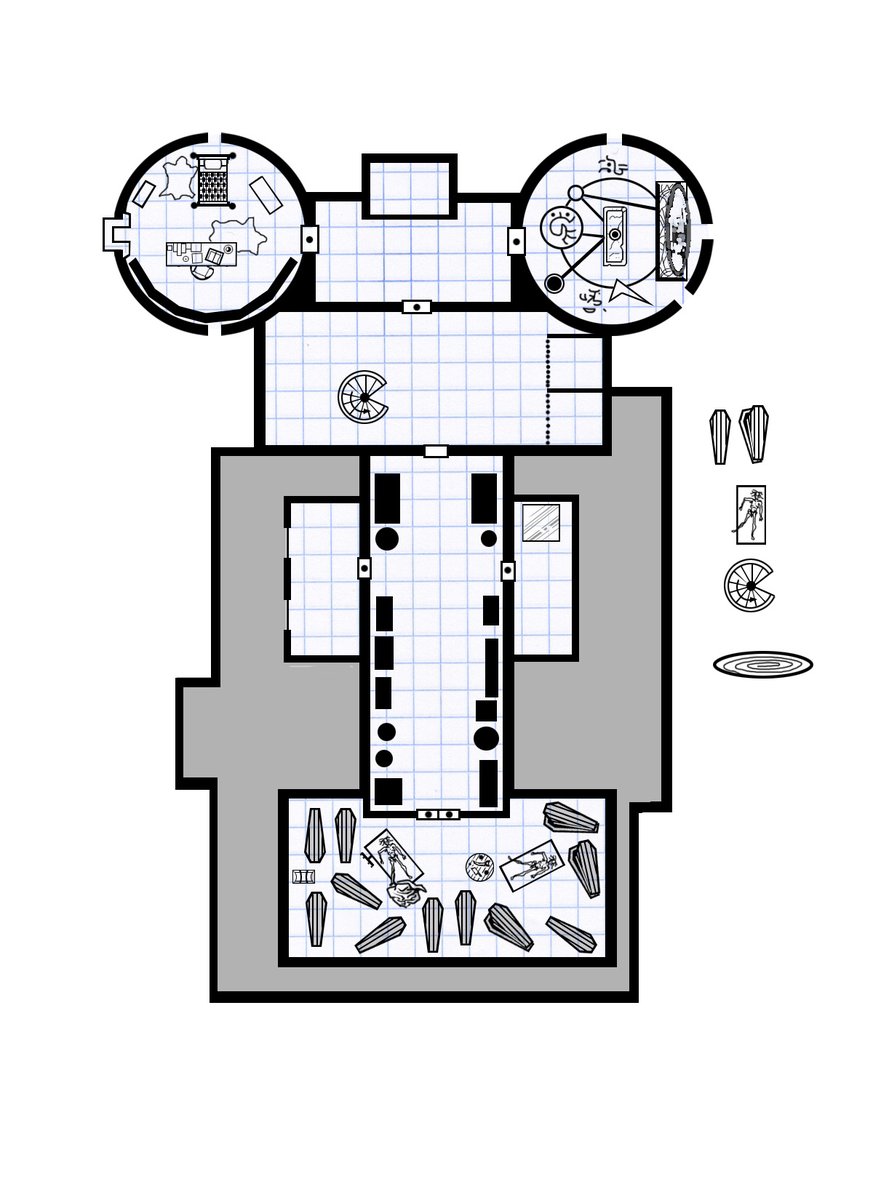 Loston_Wallace's tweet image. #AvancedDungeonsAndDragons #RPGMaps #DnDMaps 
From my graph paper pad: Tweeting the non-numbered version of these maps, Floor 1 &amp;amp; 2 of a necromancer&apos;s headquarters. 1st floor: Followers barracks; Giant badger rug; 2nd floor: Torture room; Dimension portal; Flesh golem surgery lab