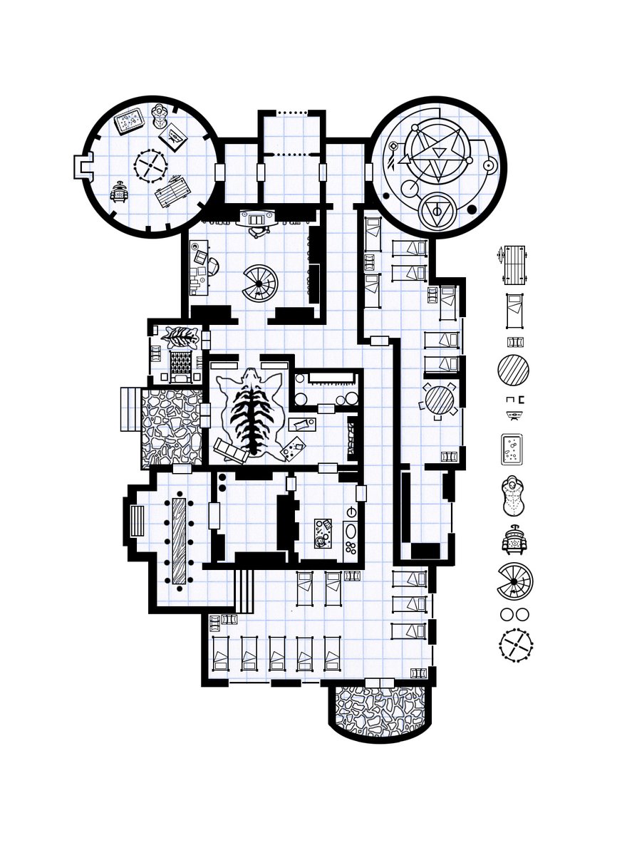Loston_Wallace's tweet image. #AvancedDungeonsAndDragons #RPGMaps #DnDMaps 
From my graph paper pad: Tweeting the non-numbered version of these maps, Floor 1 &amp;amp; 2 of a necromancer&apos;s headquarters. 1st floor: Followers barracks; Giant badger rug; 2nd floor: Torture room; Dimension portal; Flesh golem surgery lab
