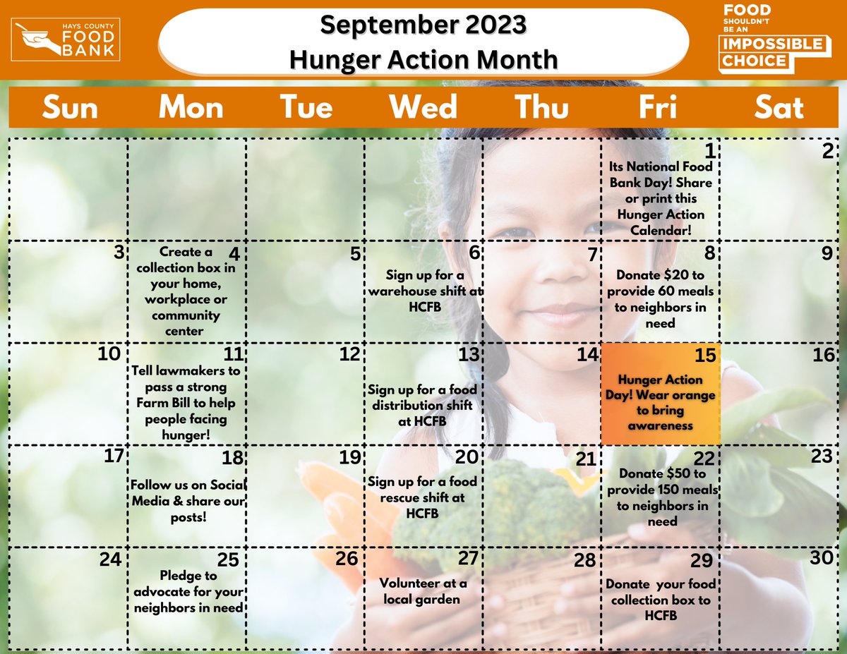 Today is #NationalFoodBankDay and the first day of #HungerActionMonth!
Engage with us through 4 key initiatives: Volunteer, Advocate, Donate, &amp; Take Action!
Save this calendar for different challenges! Remember to share your 'actions' to encourage others and tag us along the way.