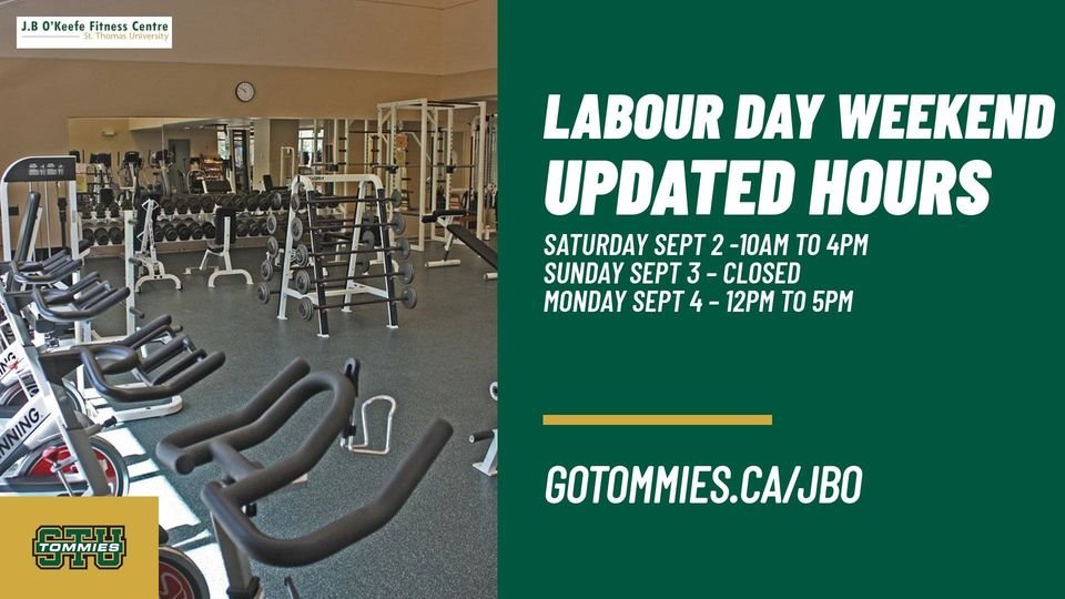 sturecreation's tweet photo. Please see the updated hours for the Labour Day Weekend. 
Due to unforeseen circumstances the gym will be closed on Sunday but open Monday.

Regular Fall hours will start as of September 5th.

For more information use https://t.co/XXqyovApgL https://t.co/UukLkjMXOK