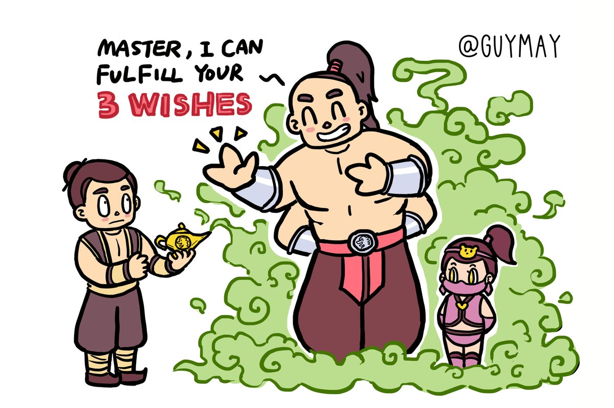 Guymay4's tweet image. #Goro:"I can fulfill your 3 wishes~"(show 3 fingers)
Some generation of #Shang,#Goro #Mileena design look like Disney #Aladdin 
Genie:Goro's hair+MK1 trousers
Princess Jasmine:MK Gold Mileena
Aladdin:MK1 Shang's hair+shoes
+MK2 outfit
(this Aladdin will become Jarfar one day…🤭)