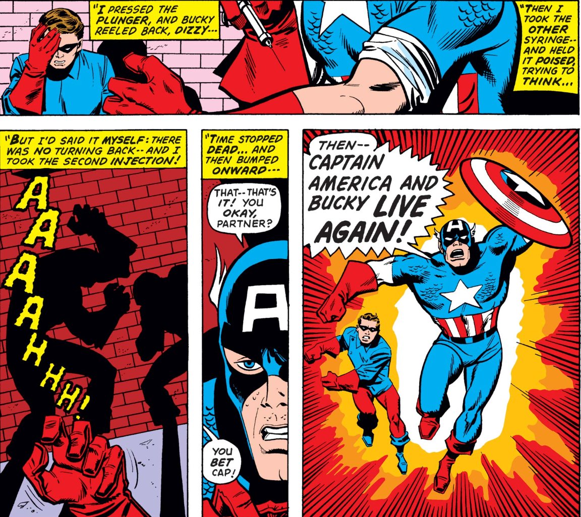 MarvelADay's tweet image. #MarvelADay #Cap155
Fake Cap happens to be carrying around a couple syringes of super soldier serum, and they decide to shoot up in an alley.  It doesn't look pleasant, but they've got their super soldier powers and costumes.  Let the Red Skull beware!
JH