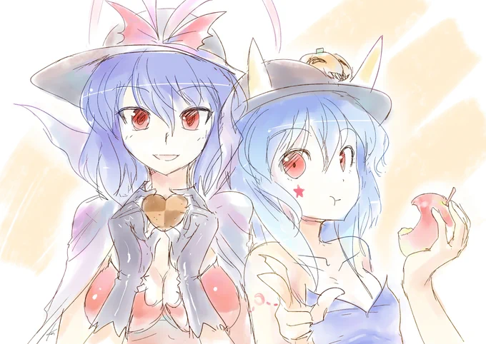 #東方キャラ推しを公開する見た人もやる基本なに遊んでも推しとか言う程特定のキャラ好きとかはないんですけど二次創作漫画がちっちゃい衣玖さんシリーズばかりな関係で必然的にいくてんばっかり描いてますね僕。これは珍しくちっちゃいのが居ないときのハロウィン絵 
