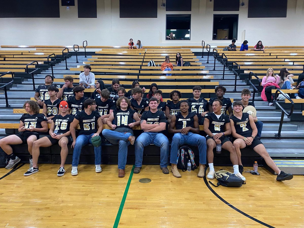 Game Day, Best Day of the Week!  Can't believe how fast it goes as this is a pic of me &amp; the boys after the pep assembly of my last 1st home game in HS!  Check us out at "The Hook" at 7pm! GO BUFFS!! <a href="/McAlesterFB/">McAlester Football</a> <a href="/fmazey/">Forrest Mazey</a> <a href="/CoachStone92/">Chad Stone</a> <a href="/BuffSportsRadio/">McAlester Sports Radio</a>