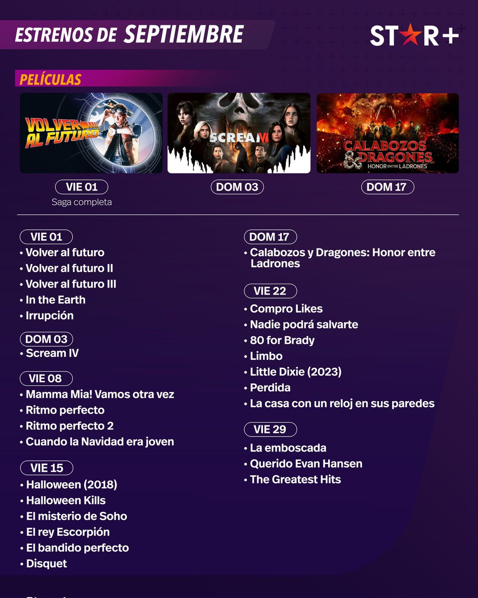 MasFarandulaOf's tweet photo. Lo nuevo de #StarPlusLA en Septiembre:
#JustifiedFX, #LaOtraChica, #GreysAnatomy, #ElMantequilla, #TheDamelioShow, #TheKardashians, #ScreamVI, #CalabozosYDragones, #LittleDixie, #ComproLikes, #VolverAlFuturo, #Irrupcion, #Halloween, #HalloweenKills, #ElMisterioDeSoho y mucho contenido más.