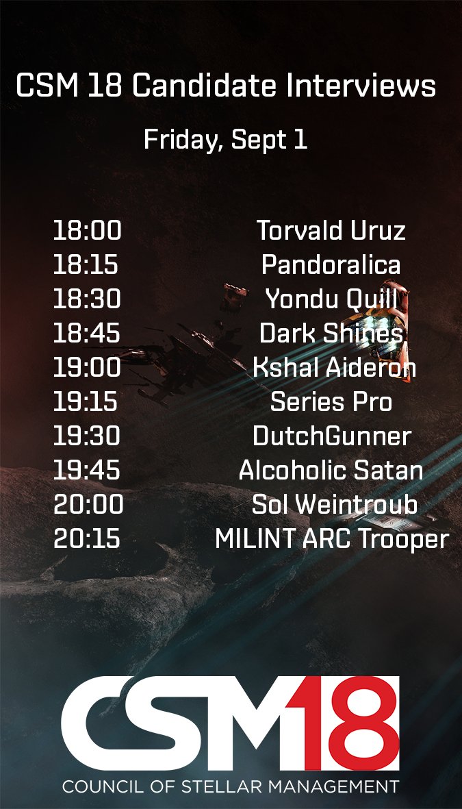 EveOnline's tweet photo. CSM 18 candidate interviews begin now over on CCPTV!
Check out the schedules below so you don't miss out on the candidates you want to hear from. EVE University will also be hosting debates all weekend!
Twitch drops are active, so you'll leave with knowledge AND stuff
#CSM18 https://t.co/SZkiSvrPy8