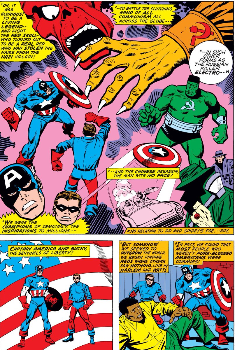MarvelADay's tweet image. #MarvelADay #Cap155
It starts off well enough, with them defeating the Skull (who's a communist now for some reason) and other enemy agents.  Things start to take an unpleasant turn, however, as they start to see other Americans as their enemies.
JH