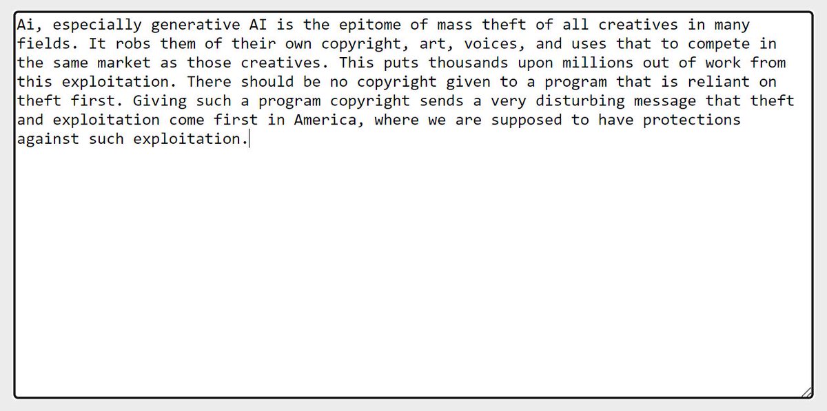 ZakugaMignon's tweet photo. Reminder that the Copyright Office is seeking comments on A/I and copyright. Here is my comment and link is below. https://t.co/IDy4HD2rOz