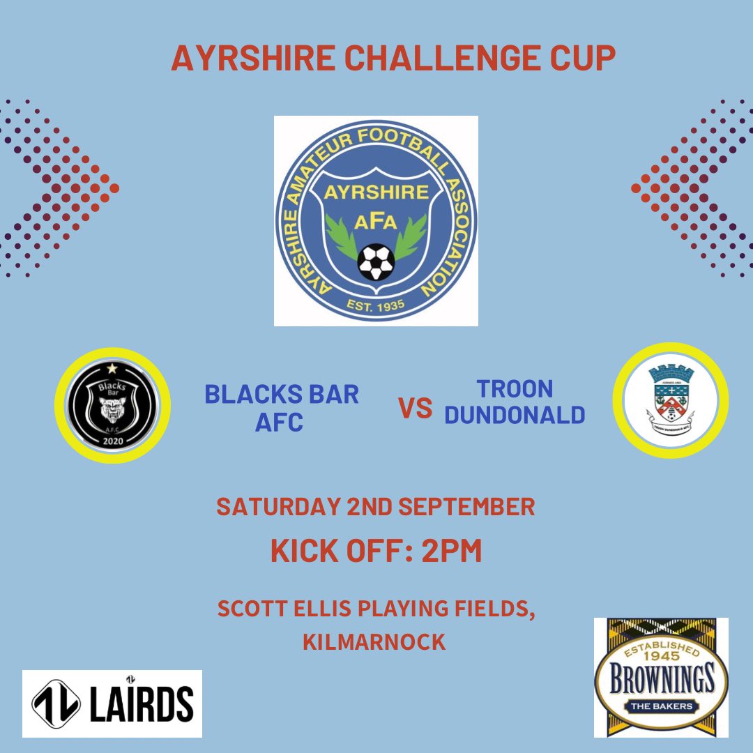 Tomorrow we travel to Kilmarnock to play @BlacksBarAFC in the Ayrshire Challenge Cup 1st round. Come and support the lads! ⚽️