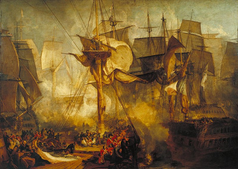 Trafalgar Savaşı 15 yıl süren Napolyon Savaşları'nın kaderini etkileyen en önemli muharebelerden biridir. Fransız ve İspanyol donanmalarının ağır yenilgisi ile sonuçlanmıştır. Napolyon'un Büyük Britanya'yı işgal hayalleri suya düşmüştür. 🎨 Joseph Mallord William Turner