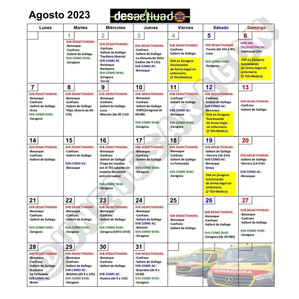 UNEtesAragon's tweet photo. INCIDENCIAS AMBULANCIAS TRANSPORTE SANITARIO URGENTE EN ARAGÓN.
Agosto 2023.
.
@TenorioGrupo
.
#AragónEnLucha #TESvisible #TesEnLucha #TesPúblicos #TransporteSanitariodeCalidad #ConvenioDigno #huelga #Aragón https://t.co/Rt4CPdNZDI