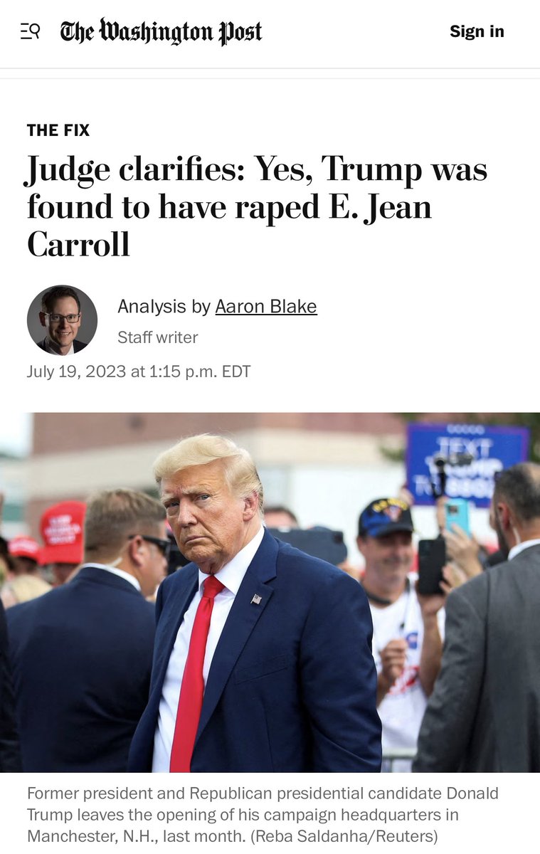 JoanneConn9's tweet photo. @I_ShippedMyBed @omarvance @UncleLonny63 @MarshaBlackburn Trump was found to have raped E. Jean Carroll in a court of law. He’s a literal rapist. https://t.co/upJ4tzRXEV