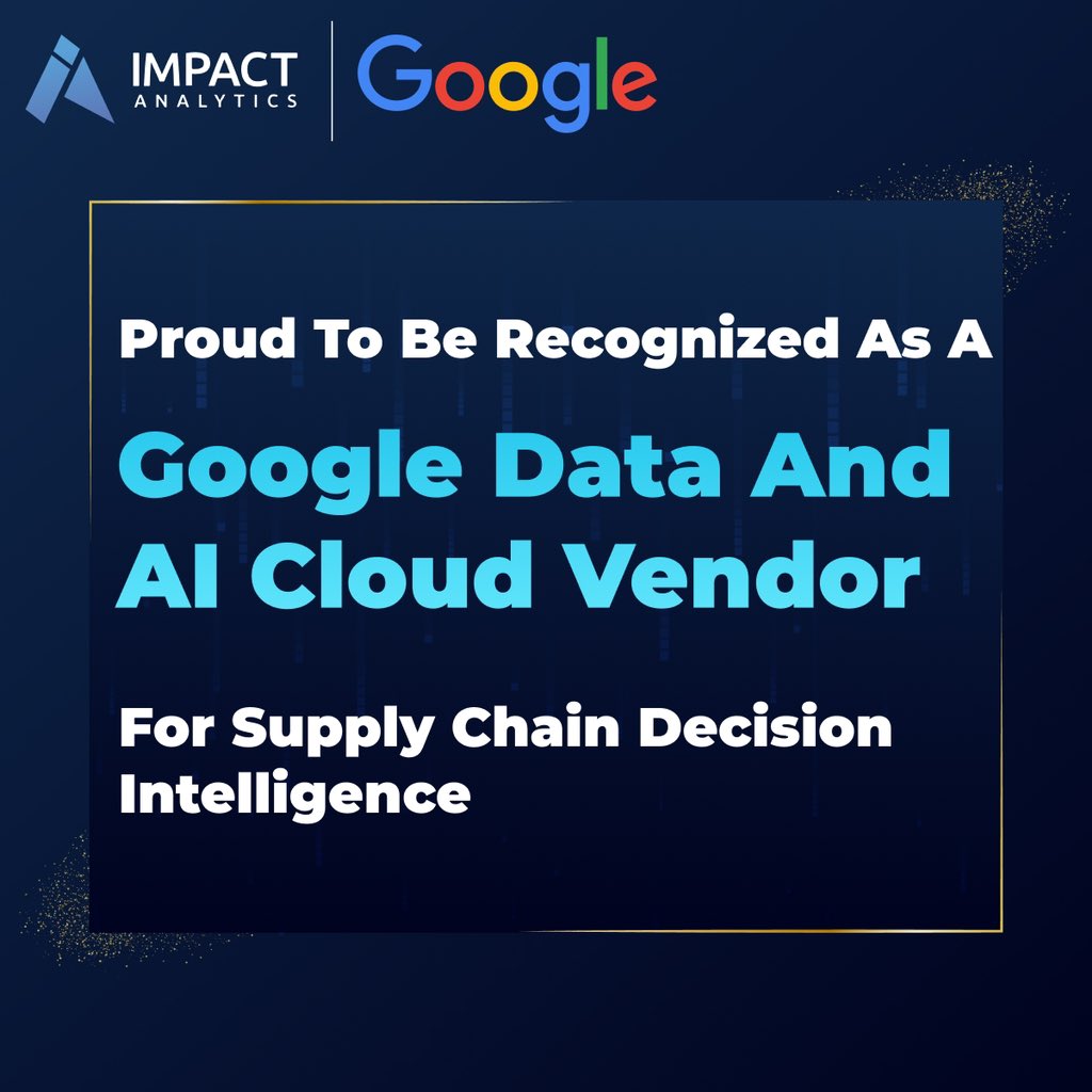 #ImpactAnalytics is absolutely thrilled to be named a Google Data and AI Cloud Vendor, specializing in supply chain decision intelligence, at #GoogleCloudNext 2023, the company’s premier Google Cloud platform event!

#googlecloudnext23 #googlecloudpartner #supplychain #ai