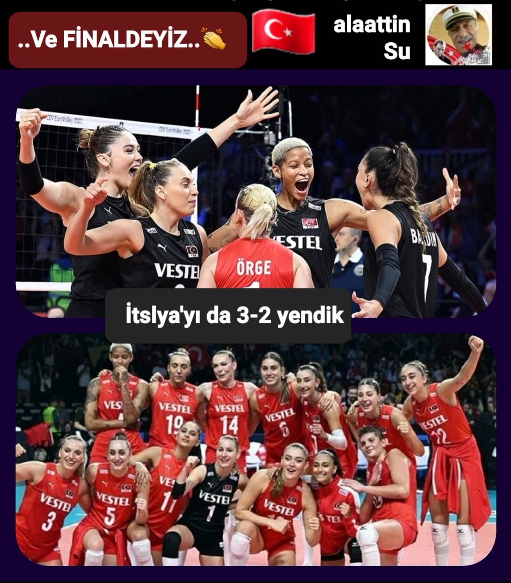 🇹🇷SONDAKİKA🕧
Türkiye A Milli Kadın Voleybol Takımı,2023 CEV Avrupa Şampiyonası yarı final maçında İtalya ile karşılaştıı.Filenin Sultanları Polonya'yı 3-0'lık skorla eleyerek adını yarı finale yazdırmıştı. İtalya karşısında da 3-2 galip gelen Filenin Sultanları finale çıktı.👏