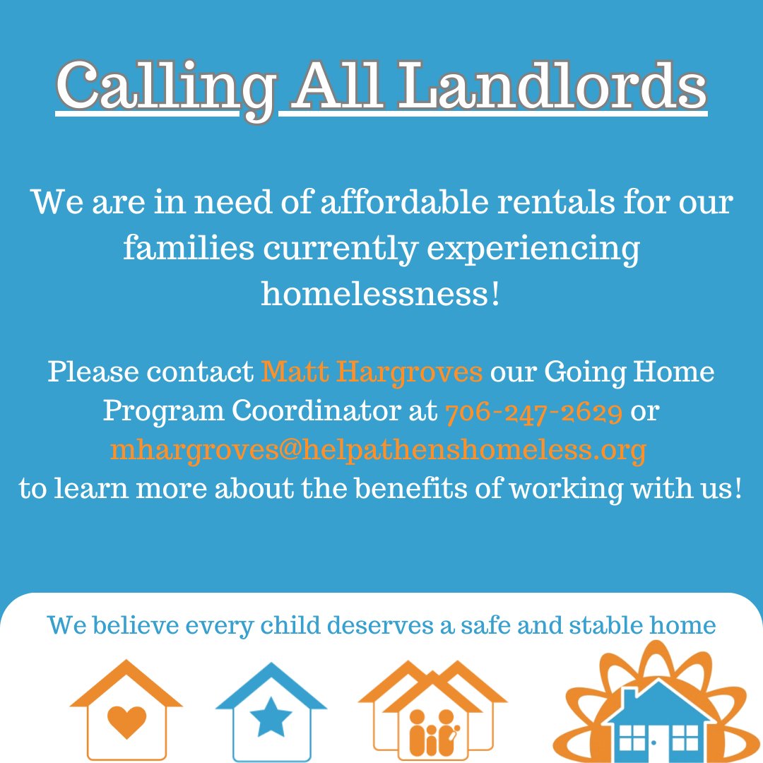 helpATHhomeless's tweet photo. Calling on all landlords and property owners! We are in need of affordable rentals for our families currently experiencing homelessness. If you'd like to partner with us and help a family gain housing independence contact Matt Hargroves our Going Home Program Coordinator at 706-2 https://t.co/0tQpW5WwFg