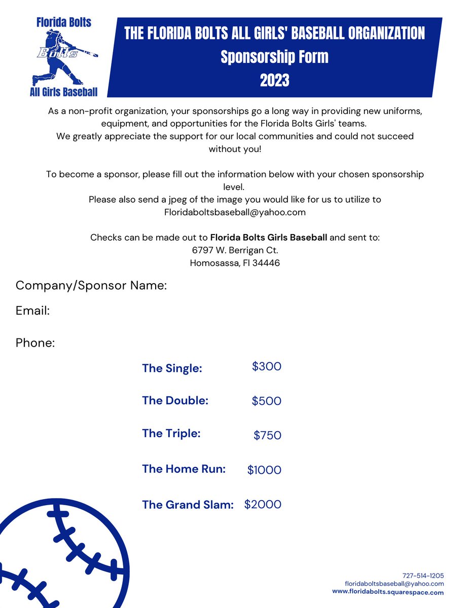 FLBoltsbaseball's tweet photo. Become an official sponsor of the Florida Bolts!! 💙⚾️⚡️ https://t.co/YlYYAINLjZ