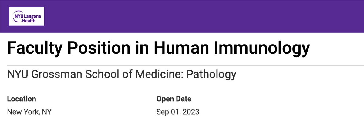 Come and work with us @nyugrossman and @NYUGSOM_Path !! Become part of a long line of immunologists who have done seminal work in our Department! Apply below: apply.interfolio.com/131329 #Immunology