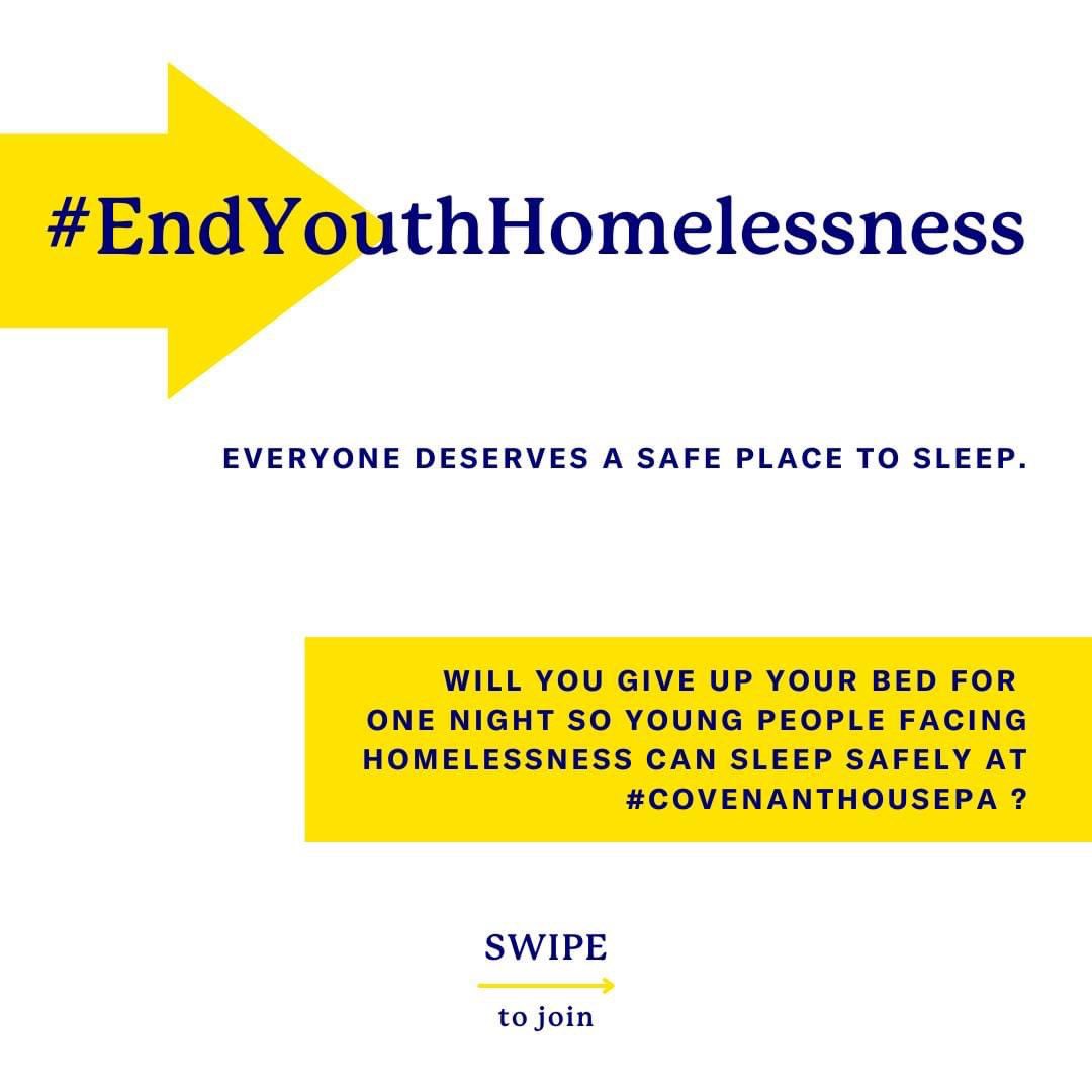 CovenantHousePA's tweet photo. Did you know that there are 4.2 MILLION young people experiencing homelessness in the US alone?

On November 16, will you give up your bed for one night so young people facing homelessness can sleep safely at Covenant House?

Join the movement at https://t.co/6b0CeleAZb. https://t.co/mVmVBhZs9J