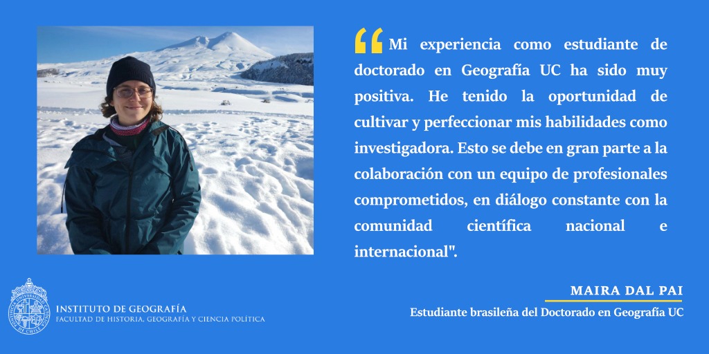 📌Recuerda que ya comenzó el proceso de admisión del Doctorado en Geografía UC.

Compartimos el testimonio de nuestra estudiante Maira Dal Pai, de Brasil, quien destaca la calidad de los profesionales del programa.

📆Postulaciones hasta 29/Sept
Info👉 bit.ly/3LNgacA