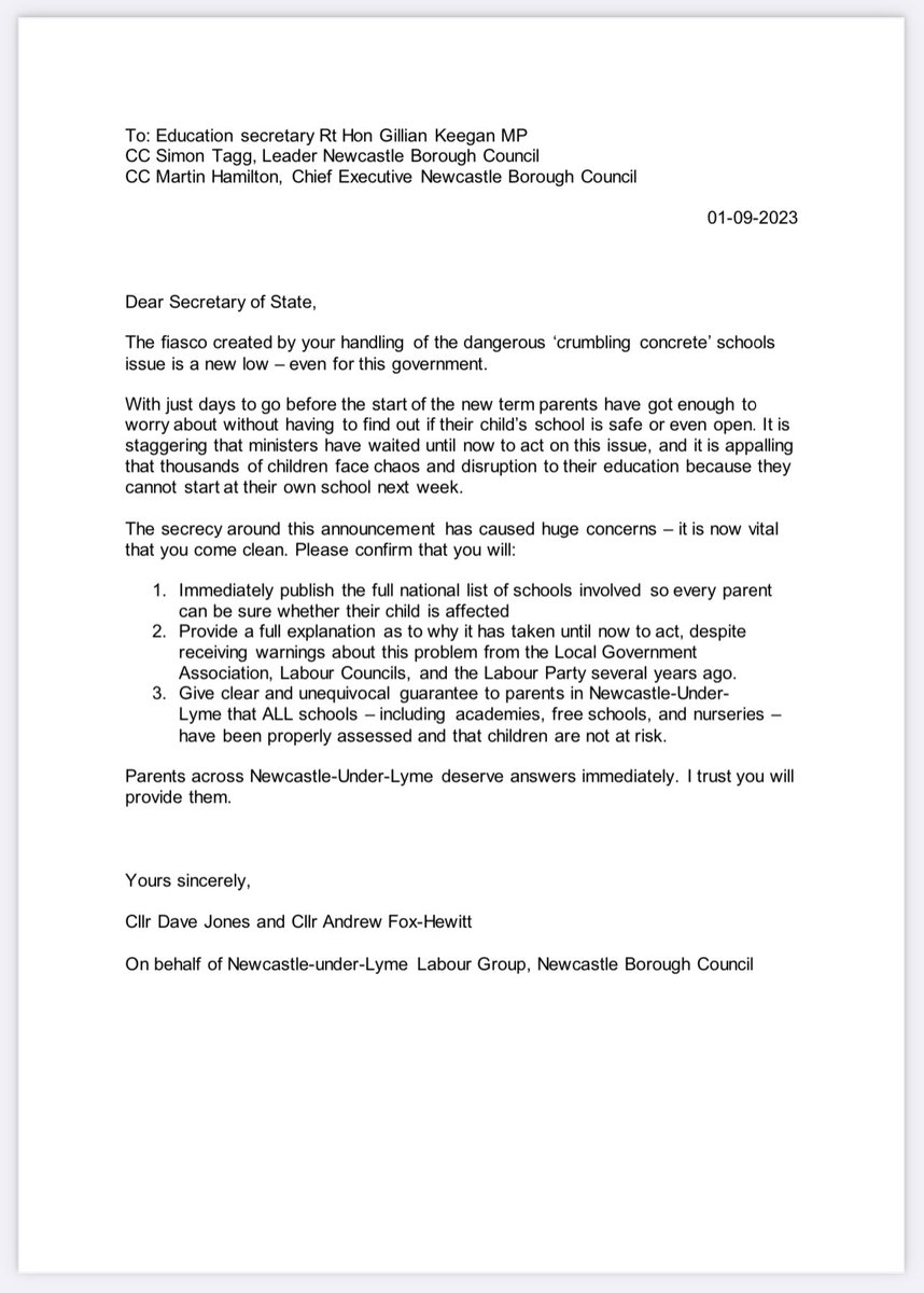 The Labour Party in Newcastle have written to education secretary Gillian Keegan about the RAAC issue in schools. RAAC is a type of aerated concrete which may be unsafe in some buildings where water has seeped in and weakened steel supports within its structure.