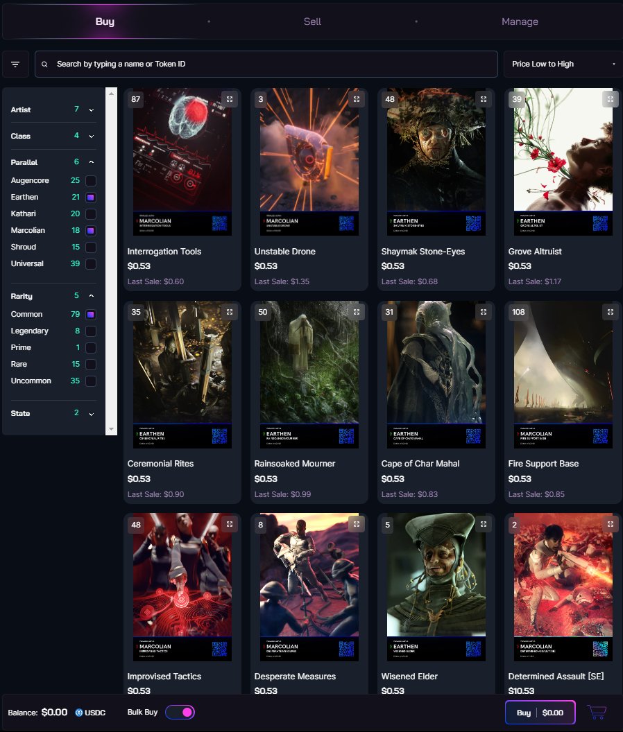 With // players dumping 1000s of commons on Souq, All Common FEs are $0.53 👀

A <a href="/ParallelTCG/">Parallel</a>  player even bought 482 cards 
for $0.14 in gas per NFT...on L1 (txn👇)

On Opensea, that would cost $1.8k+ in gas alone🤔

Souq's gas efficiency makes trading Commons possible, links👇