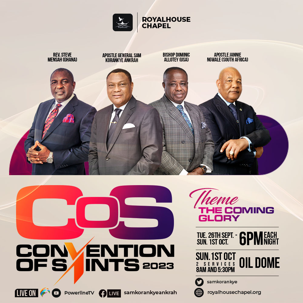 Brace yourselves for an extraordinary journey at the Convention of Saints 2023!
Mark your calendars for this life-changing event!

Date: September 26th - October 1st, 2023
Time: 6:00 PM each night
Theme: Embrace "The Coming Glory"
Venue: The Oil Dome

Come and experience the