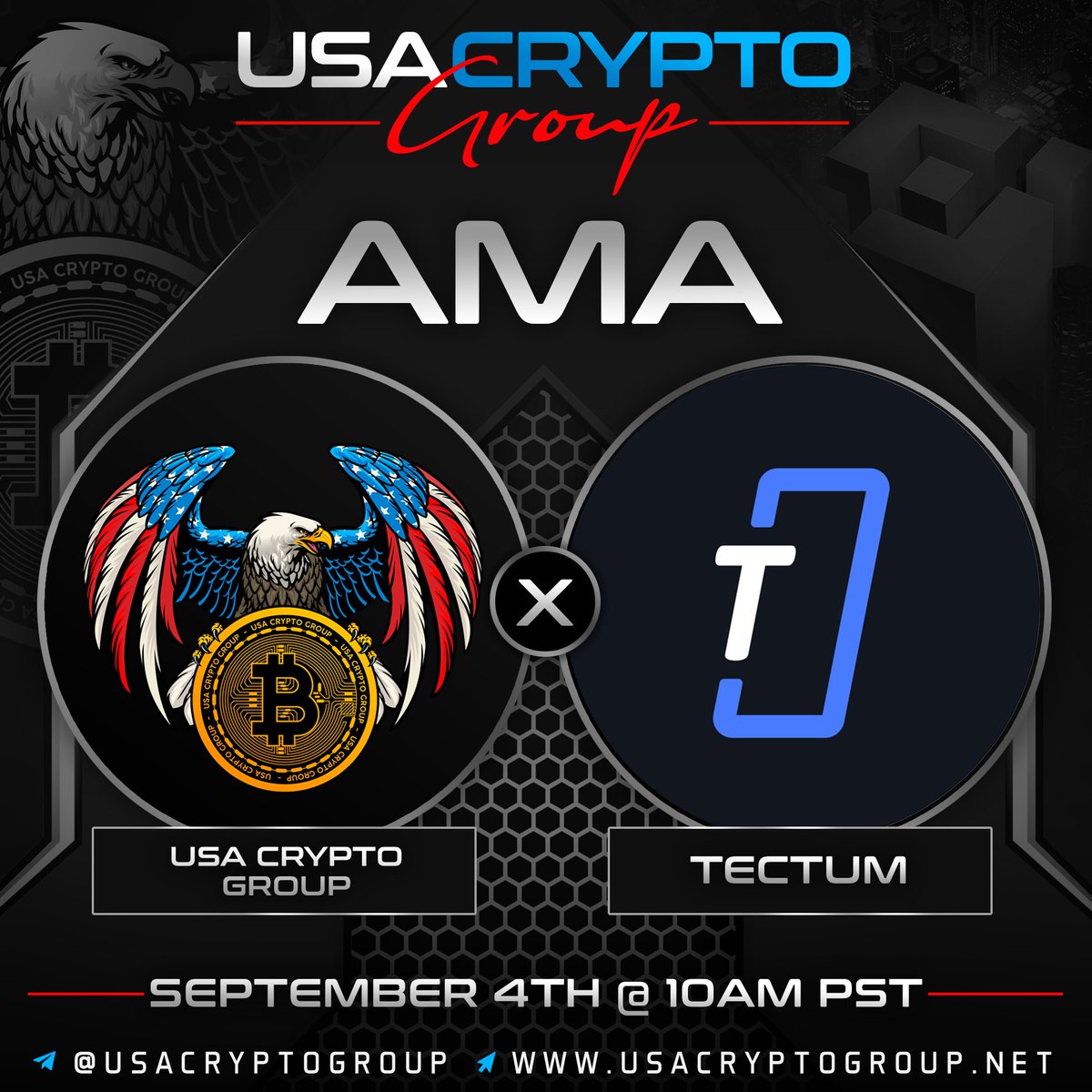 Venue: Tectum AMA Prize: $80 total Location: t.me/UsaCryptoGroup Twitter Cash Price: $25 Rules: -Follow @UsaCryptoGroup @tectumsocial -Like, Comment (can do AMA questions) and RT this post -Prize will be announced after the AMA