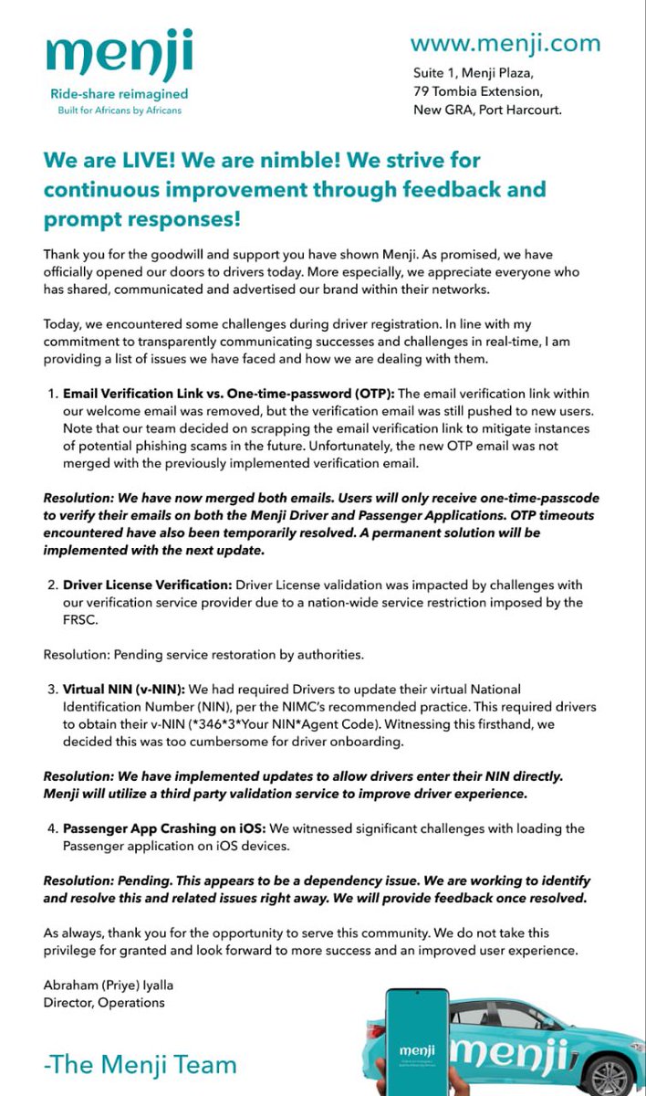 We are LIVE!
We are Nimble!
We strive for continuous improvement through feedback and prompt responses.
We are here to serve you better.
#RidewithMenji #September2023 #MenjiLive