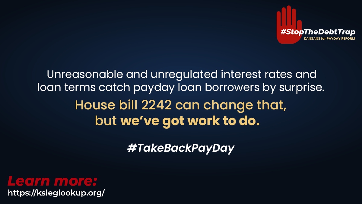 If passed in 2024, House bill 2242 will introduce important changes to payday loan law to protect Kansas borrowers from underhanded debt traps. There’s still a long road ahead to #TakeBackPayday. 
Learn more: kspaydayreform.wixsite.com/website
#Paydayloan #Stopthedebttrap