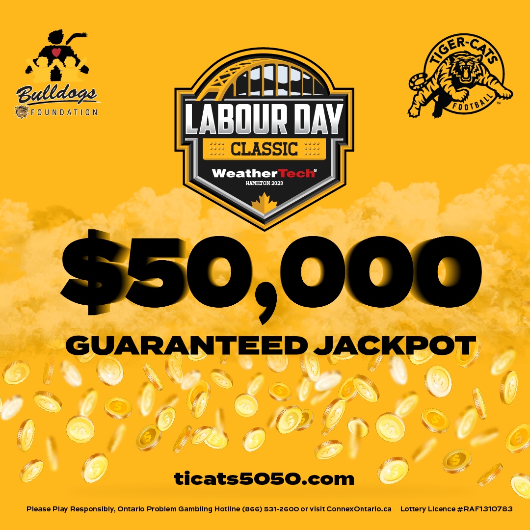 Ticats's tweet photo. Purchase your 50/50 tickets for the Labour Day Classic on Monday! 🎟️

Early bird prize draw is TONIGHT at 8pm! Don't miss your chance to win a trip to the Grey Cup! 

ℹ️: 3 of $5, 10 for $10, 60 for $20, and 150 for $30
💰: https://t.co/cuP4mSR98C

#Ticats | #CFL | @BulldogsFDN https://t.co/vguta3ciJQ