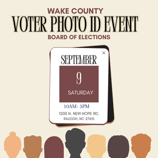 📰 ICYMI: ow.ly/s9yP50PGBga
Don't have an acceptable form of ID for voting yet? Save the date and join us on Sept 9 to get a Voter Photo ID Card. This event is open to all eligible voters who reside in Wake County. We look forward to seeing you there! <a href="/WakeGOV/">Wake County Government</a>