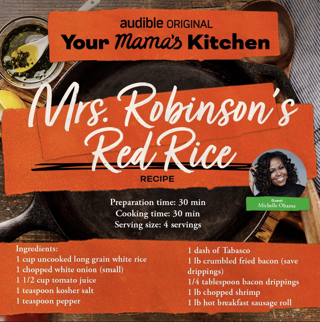 MichelleObama's tweet photo. In the first episode of Your Mama's Kitchen — a podcast from @HGMedia hosted by my friend @Michele_Norris — we talked about how my mom’s red rice recipe is the dish that always reminds me of home. 

So ahead of the holiday weekend, I wanted to make sure I shared it. If you end up trying it, let me know what you think. And make sure to check out #YourMamasKitchen podcast — it’s available now wherever you listen to podcasts!