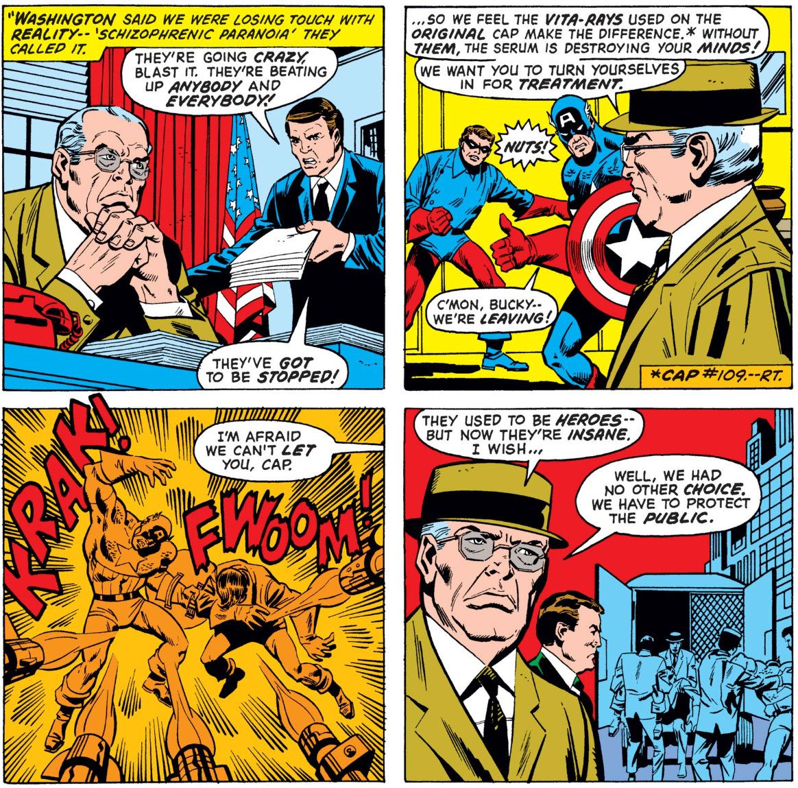 MarvelADay's tweet image. #MarvelADay #Cap155
With the Fakers gone nuts, the government steps in.  Their minds were harmed by not being dosed with vita rays. The fakes are put on ice. NOTE: Vita rays and the serum being injected were a retcon in #Cap109 by Kirby.  Before that, he drank the serum.
JH