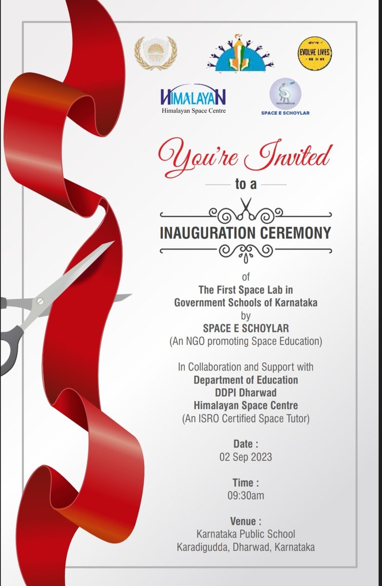 OttilieAnban's tweet photo. #SpaceESchoylar,#HimalayanSpaceCentre,#DepartmentofPublicInstructions,#EvolveLivesFoundation,#DDCLICS & others would like to invite you to the #Inaugural function of #Karnataka's first #Space & #Astronomy Lab in #GovernmentSchools at Karnataka Public School, #Karadigudda,#Dharwad https://t.co/G3S3mqrZe0
