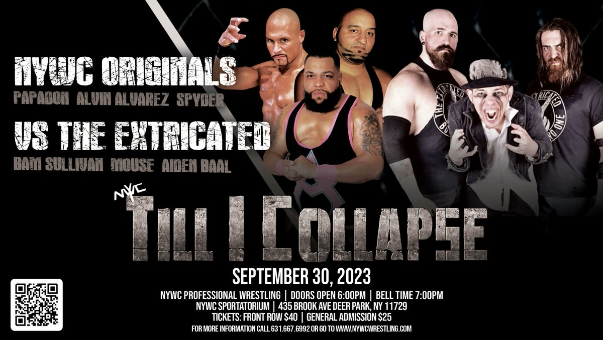 The first trios match to find out which trios will fight to become the first ever NYWC Trios Champions! The reunion of The Extricated (Bam Sullivan, Mouse, and Aiden Ball) vs. NYWC Originals (Alvin Alvarez, Papadon, and the returning Spyder!) Tickets: nywcwrestling.com