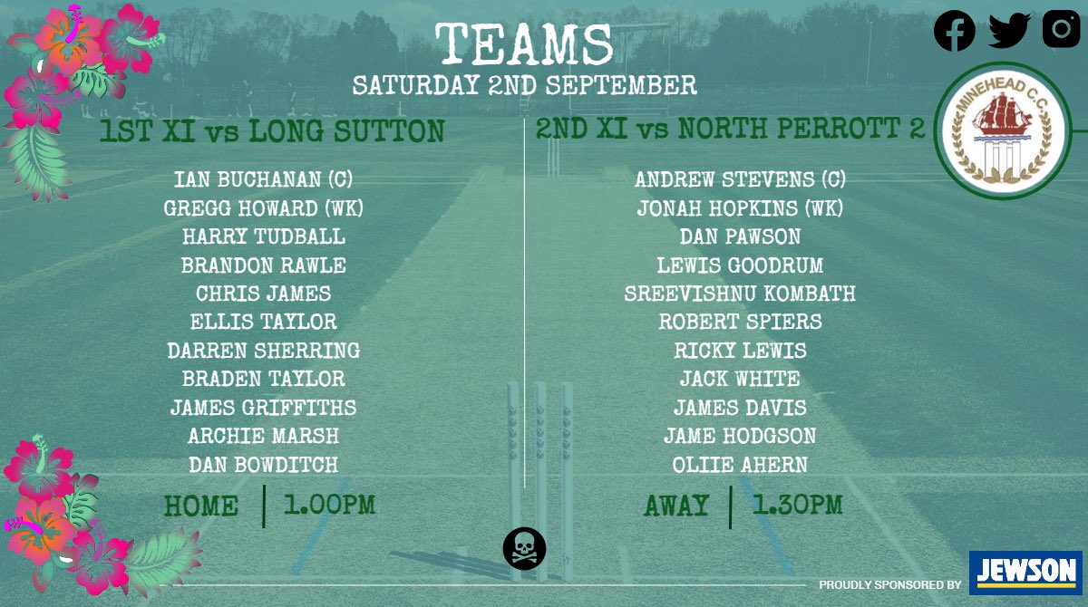 MineheadCricket's tweet photo. 🚨🏏 TEAM NEWS 🏏🚨

📆Saturday 2nd September

1st XI HOME 🆚 Long Sutton
🕰️ 1.00pm start

2nd XI AWAY 🆚 North Perrott 2
🕰️ 1.30pm start

AXI cancelled due to opposition failing to raise a side.

🍺🍹Bar open  all day 🧉🍺

🌴End of season Hawaiian Party ‘til late🏄🏼‍♀️

#UTP🏴‍☠️ https://t.co/Tf4gHcuvwt
