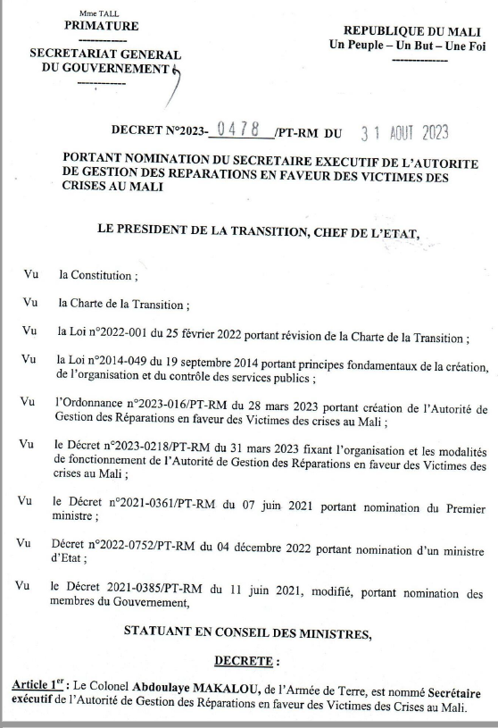 CVJR_MALI's tweet photo. Décret de nomination du Colonel Abdoulaye MAKALOU en tant que Secrétaire Exécutif de l'Autorité de Gestion des Réparations en faveur des Victimes de Crises au Mali.
Nos félicitations à lui et nous lui souhaitons belle réussite dans sa nouvelle mission. https://t.co/NFGPwiHdXp