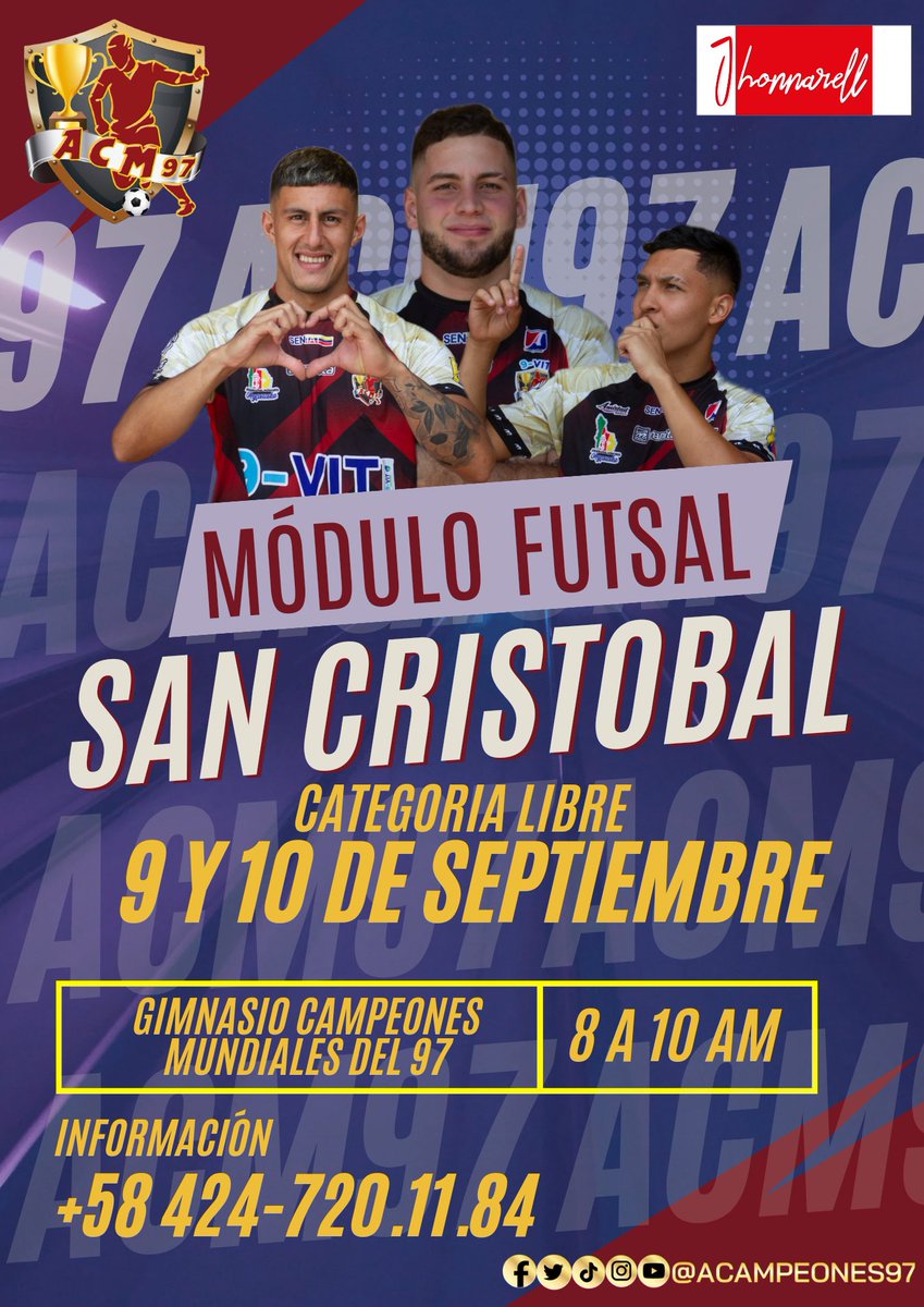 Academia97's tweet photo. 🚨ATENCIÓN  SAN CRISTÓBAL

Este 9 y 10 de septiembre estaremos en el gimnasio Campeones Mundiales del 97 con el módulo de Futsal categoría Libre.
De 8 a 10 de la mañana, sé parte de nuestra institución para afrontar la @LigaFUTVESala 

#ACM97 #ACM97Futsal #TalentodeCalle #Futsal https://t.co/odx6ZIWQ5b